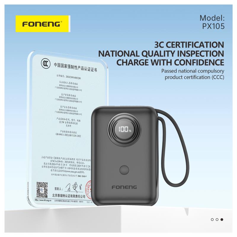 Foneng PX105 22.5W 10000mAh Mini Emergency Charger with 2 Built-in Cables Black