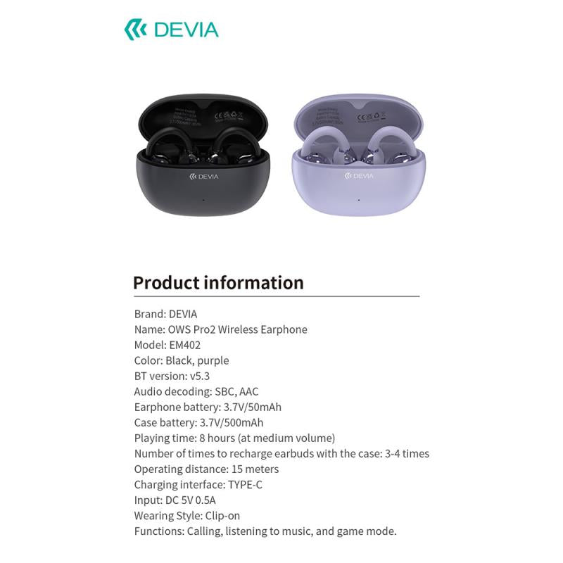 True Wireless Ακουστικά Bluetooth Devia EM402 OWS Pro2 Clip-On Μαύρο