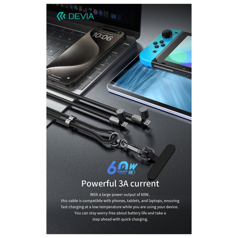 Καλώδιο Σύνδεσης USB 2.0 Woven Adjustable Lanyard Devia EC657 USB C σε USB C PD 60W 1.6m Extreme Μαύρο