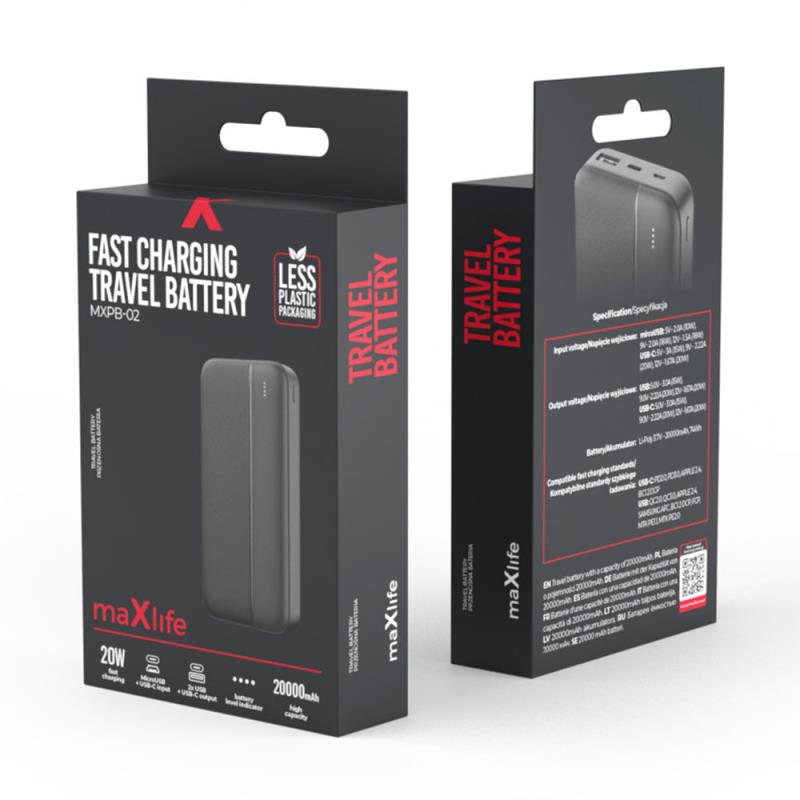 Φορτιστής Ανάγκης Maxlife MXPB-02 20W 20000mAh PD QC Μαύρο