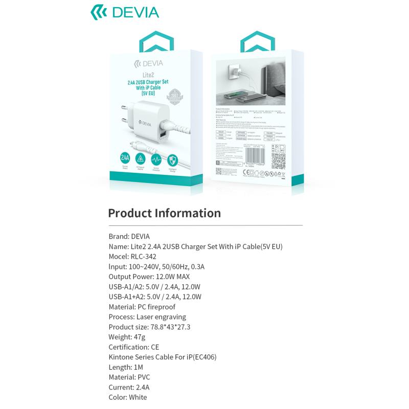 Φορτιστής Ταξιδίου Devia RLC-342 με Διπλή Έξοδο 2xUSB A 12W & Καλώδιο USB A σε Lightning 1m Lite2 Λευκό