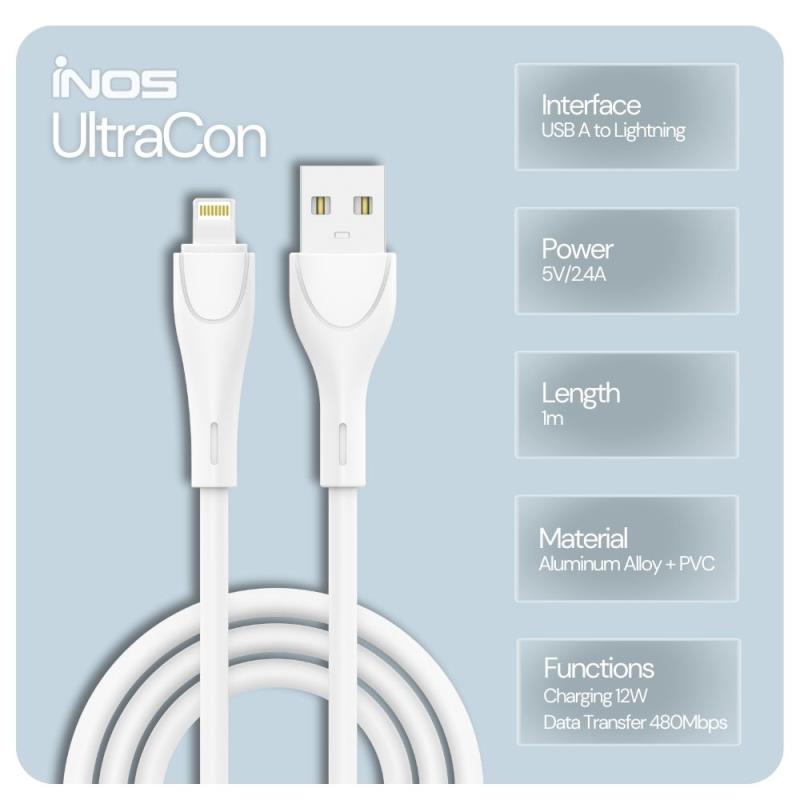 Καλώδιο Σύνδεσης USB 2.0 inos UltraCon USB A σε Lightning 12W 1m Λευκό