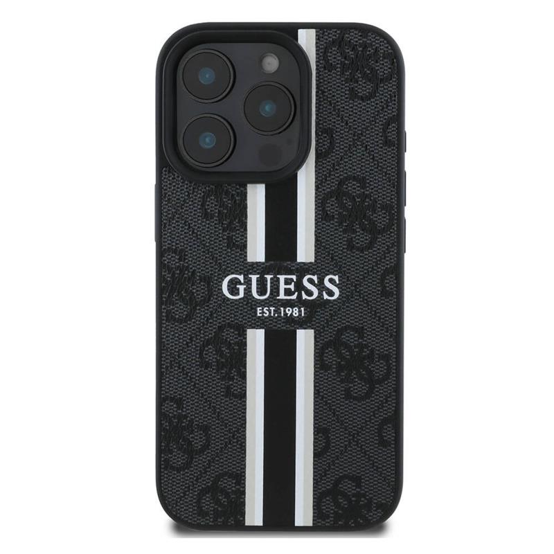 Θήκη PU Guess MagSafe Apple iPhone 16 Pro Max Hardcase Printed Stripes 4G Μαύρο
