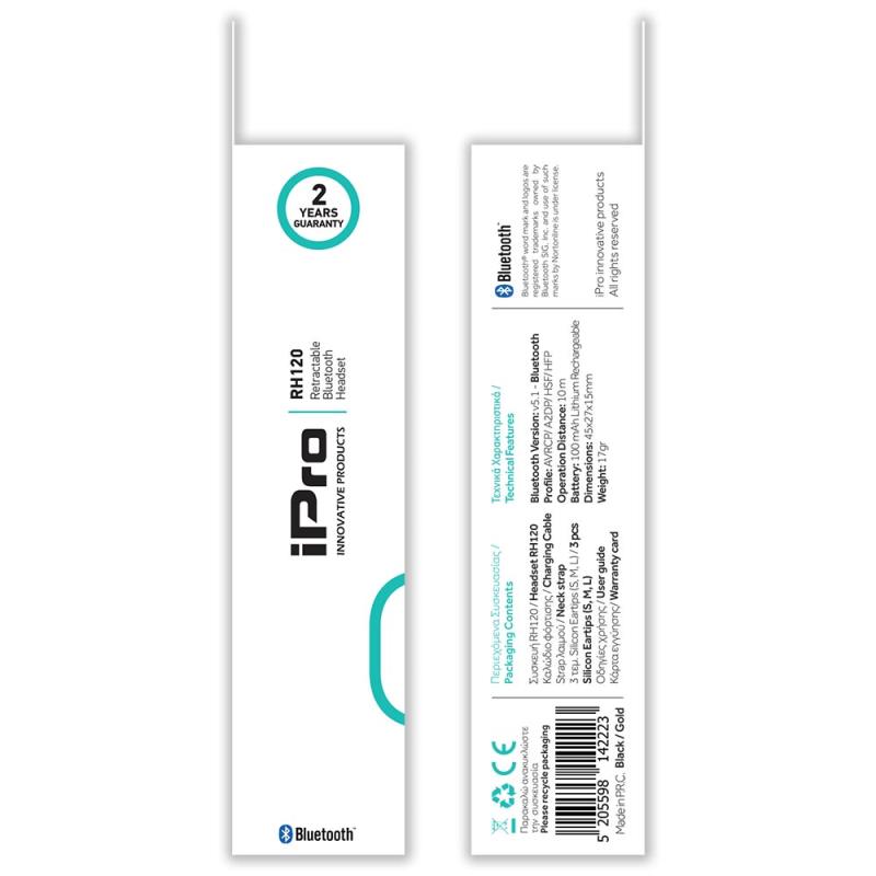Ακουστικό Bluetooth iPro RH120 Retractable Μαύρο-Χρυσό