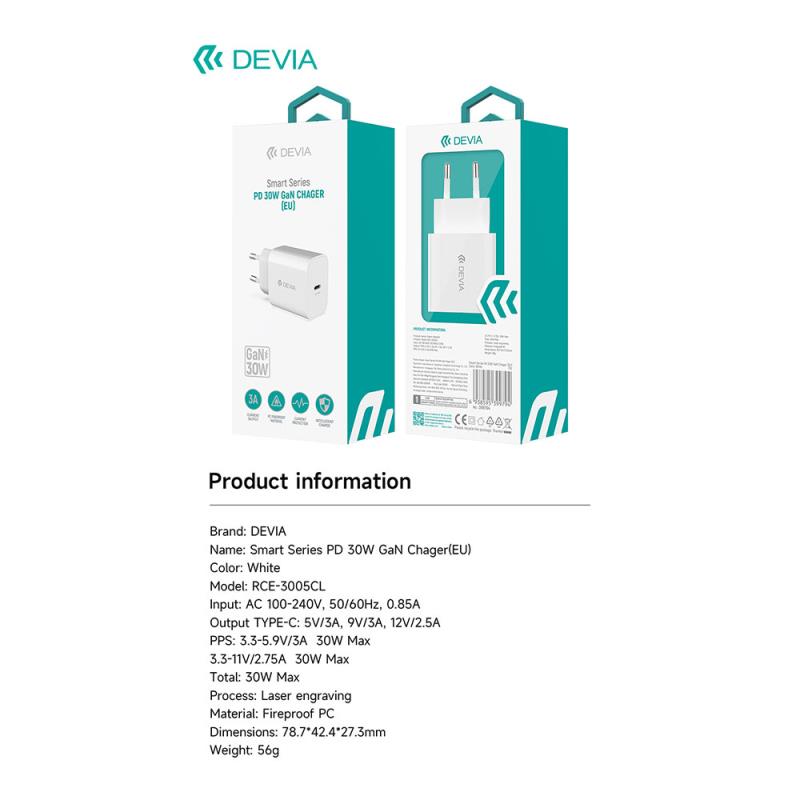 Φορτιστής Ταξιδίου Ταχείας Φόρτισης Devia RCE-3005CL με Έξοδο USB C GaN PD 30W Smart Λευκό