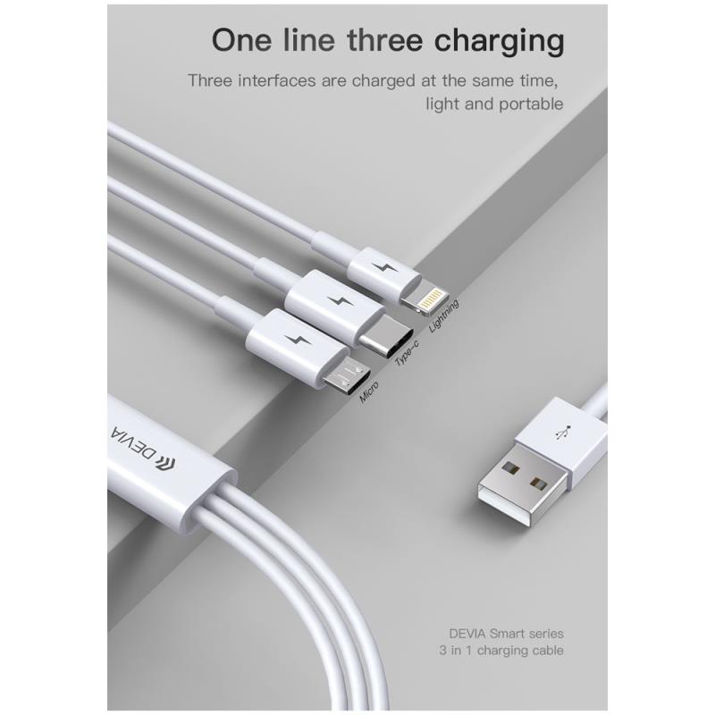 Καλώδιο Σύνδεσης USB 2.0 3 σε 1 Devia EC141 USB A σε Micro USB & USB C & Lightning 15W 1.2m Smart Λευκό