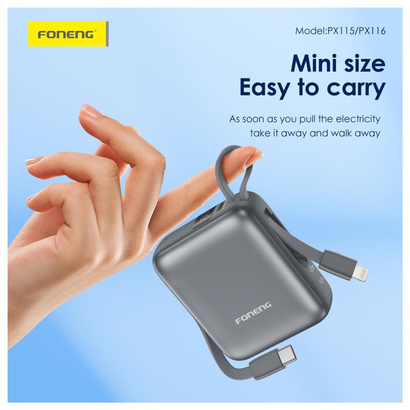 Foneng PX115 22.5W 10000mAh PD Mini Power Bank with 2 Built-in Cables Dark Grey