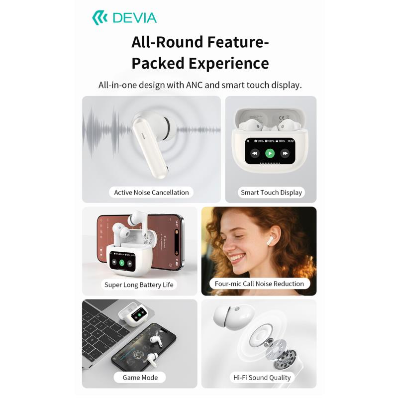 True Wireless Ακουστικά Bluetooth Devia EM405 ANC Pro3 με Οθόνη Λευκό