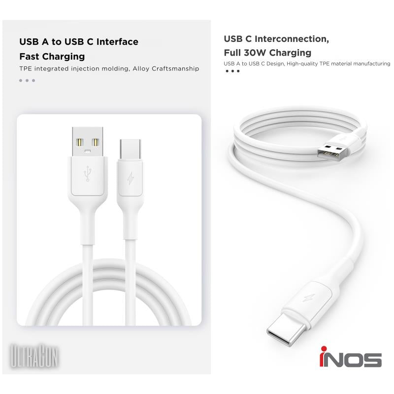 Καλώδιο Σύνδεσης USB 2.0 inos UltraCon USB A σε USB C 30W 1m Λευκό