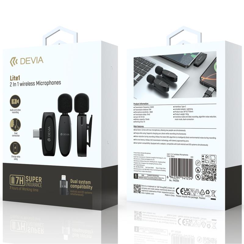 Ασύρματα Μικρόφωνα Devia Lite1 2 σε 1 USB C Μαύρο