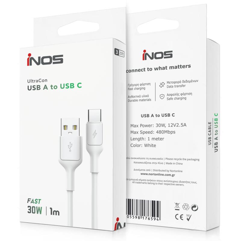 Καλώδιο Σύνδεσης USB 2.0 inos UltraCon USB A σε USB C 30W 1m Λευκό