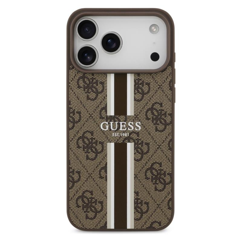 Θήκη PU Guess MagSafe Apple iPhone 17 Pro Max Hardcase Printed Stripes 4G Καφέ