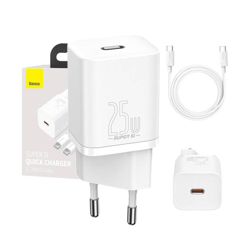 Baseus Super Si 1C 25W USB C Fast Travel Charger & 1m USB C to USB C Cable White