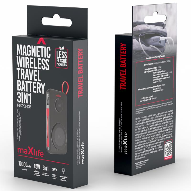 Φορτιστής Ανάγκης Maxlife MXPB-08 22.5W 10000mAh 3 σε 1 Magnetic Wireless Μαύρο
