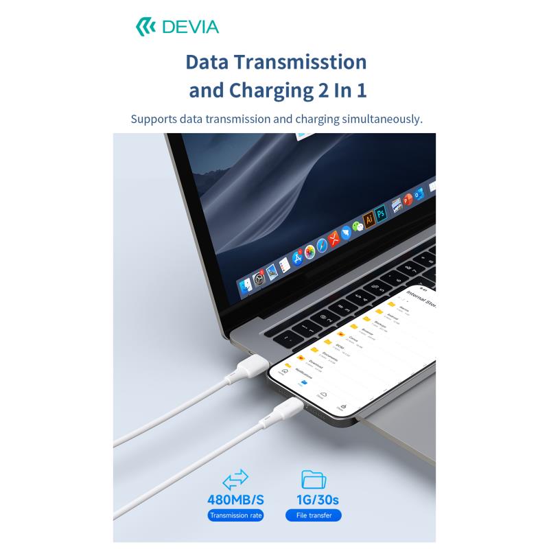 Καλώδιο Σύνδεσης USB 2.0 Devia EC630 USB A σε Lightning 2.4A Silicone Pro3 1m Λευκό