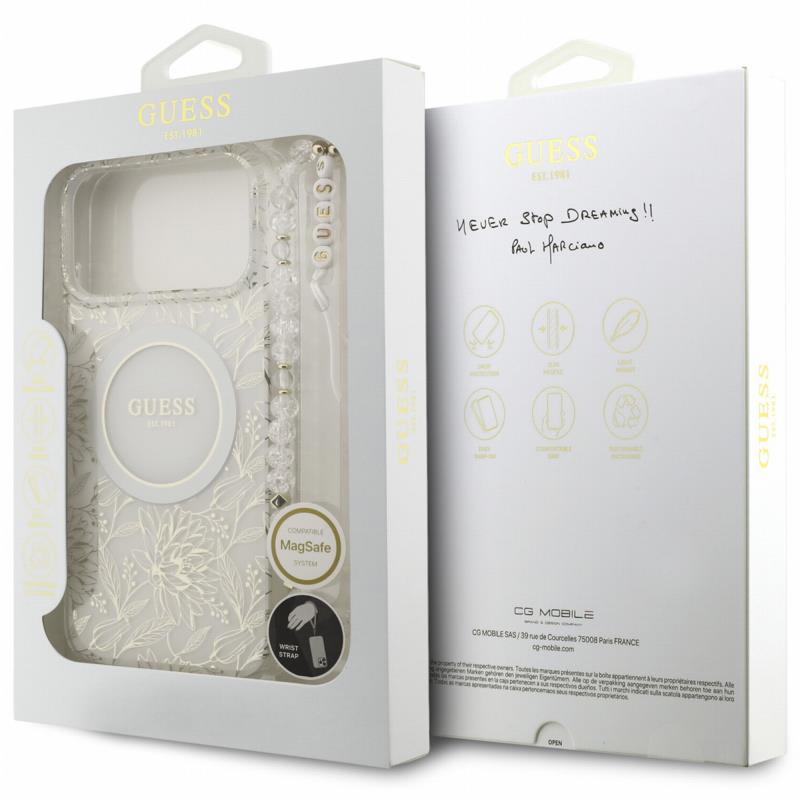 Θήκη PU/ Silicon Guess Magsafe Apple iPhone 18 Pro Max/ 17 Pro Max IML Flowers με Pearl Strap Λευκό
