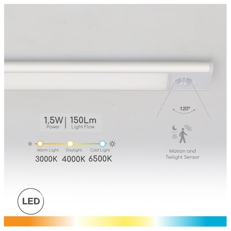Φωτιστικό LED GSC Tibuka 40cm με Αισθητήρα Κίνησης 150lm 3000K έως 6500K Ασημί