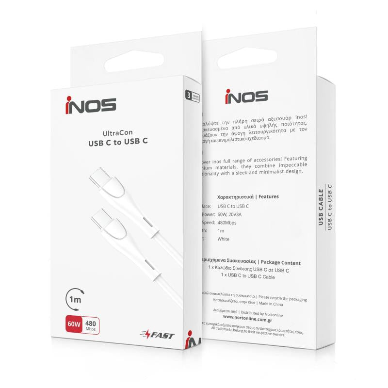 Καλώδιο Σύνδεσης USB 2.0 inos UltraCon USB C σε USB C 60W 1m Λευκό