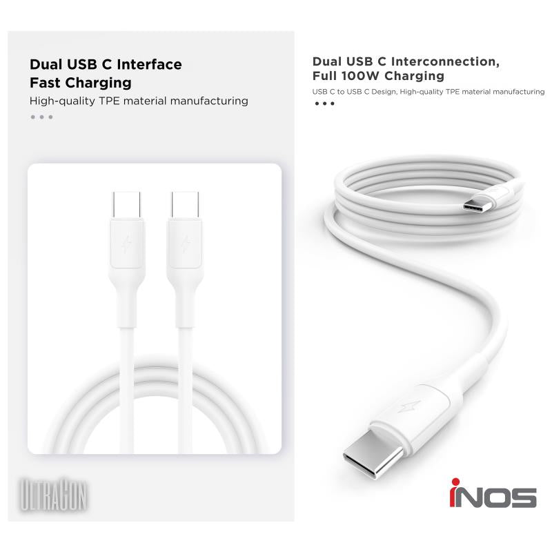 Καλώδιο Σύνδεσης USB 2.0 inos UltraCon USB C σε USB C 100W 1m Λευκό