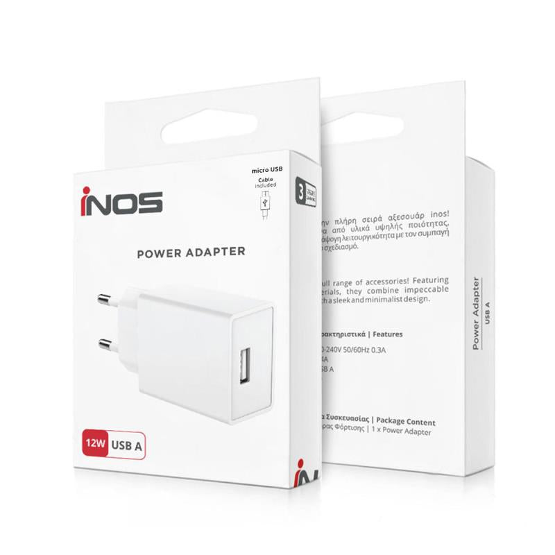 Φορτιστής Ταξιδίου inos με Έξοδο USB A 12W & Micro USB Καλώδιο 1m Λευκό