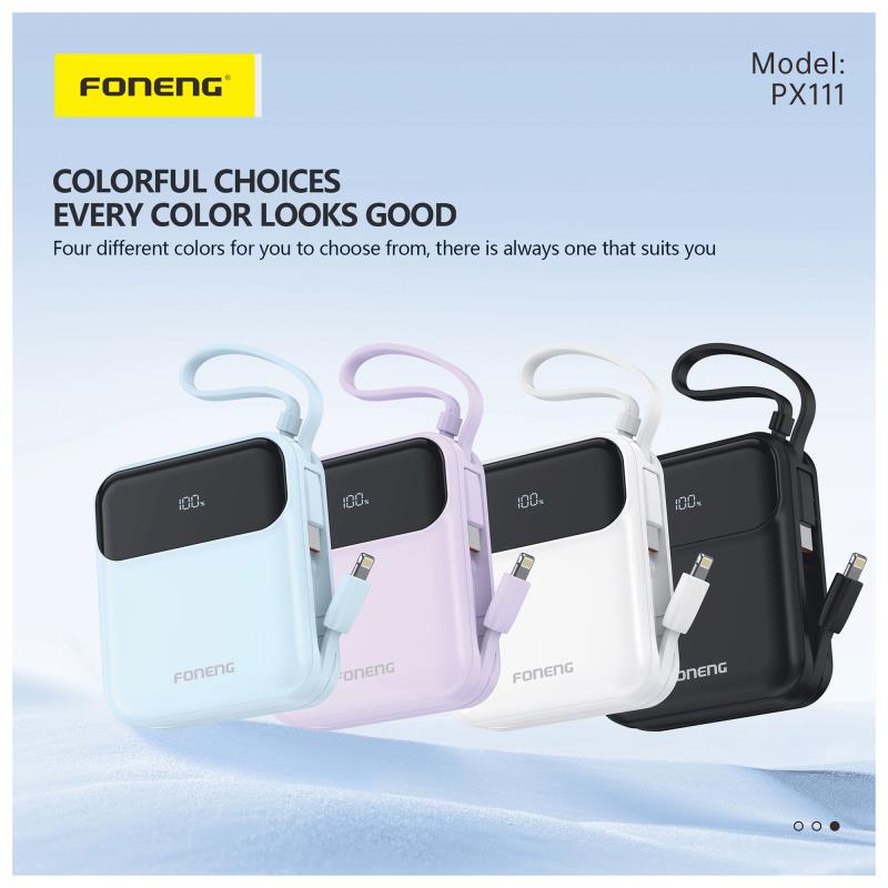 Φορτιστής Ανάγκης Foneng PX111 22.5W 10000mAh PD Mini με 2 Ενσωματωμένα Καλώδια Μαύρο