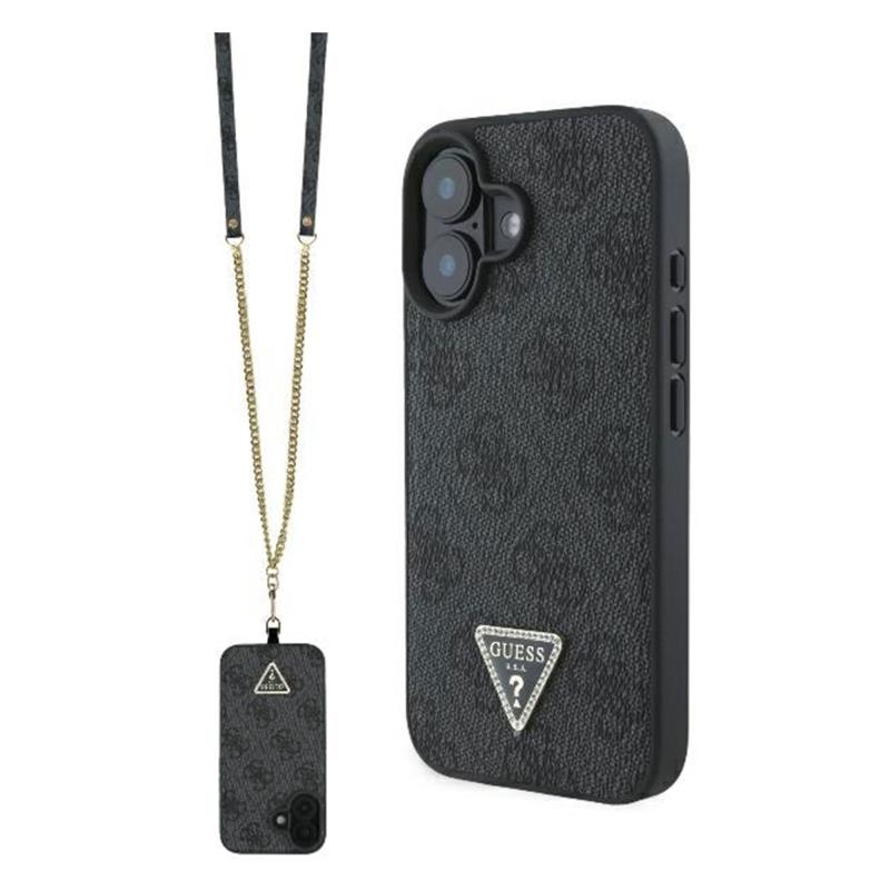 Θήκη PU Guess Leather Apple iPhone 16 Metal Logo Strass Crossbody Black