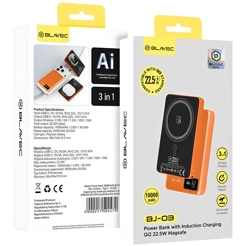 Φορτιστής Ανάγκης Blavec BJ-03 22.5W 10000mAh 3 σε 1 Magnetic Πορτοκαλί