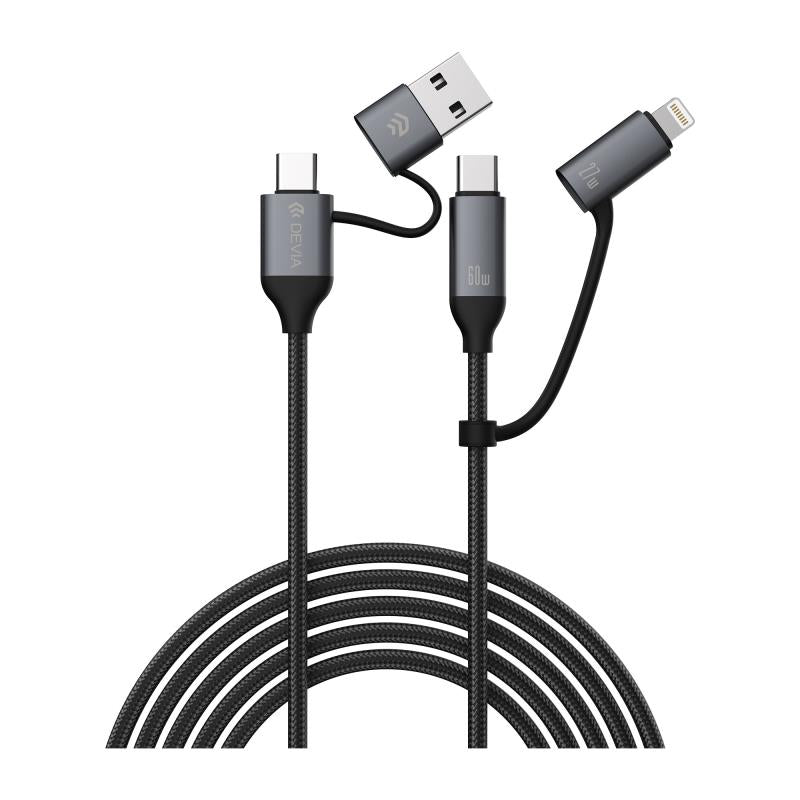 Καλώδιο Σύνδεσης USB 2.0 4 σε 1 Braided Devia EC504 USB C σε USB A & USB C & Lightning PD 60W & 27W 1.5m Extreme Μαύρο