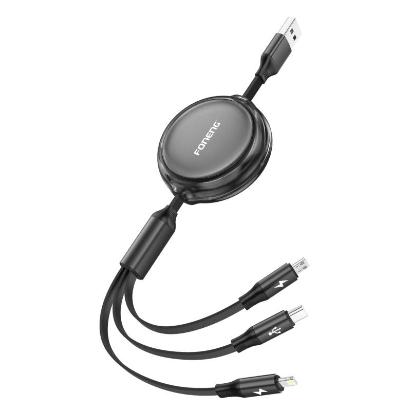 Καλώδιο Σύνδεσης USB 2.0 Foneng X113 Retractable Flat 3 σε 1 USB A σε Micro USB & USB C & Lightning 1.1m Μαύρο