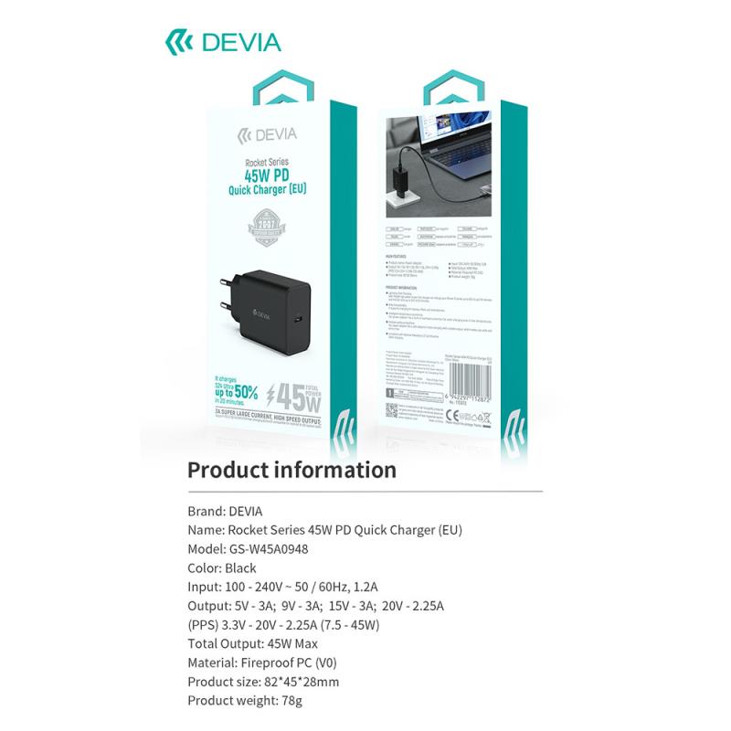 Φορτιστής Ταξιδίου Ταχείας Φόρτισης Devia GS-W45A0948 45W με Έξοδο USB C PD Rocket Μαύρο