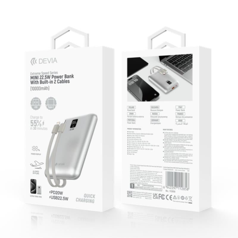 Φορτιστής Ανάγκης Devia EP202 22.5W 10000mAh Mini με 2 Ενσωματωμένα Καλώδια Extreme Speed Ασημί