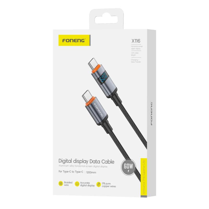 Καλώδιο Σύνδεσης USB 2.0 Foneng X116 Power Display Aluminum Alloy Braided USB C σε USB C 60W 1.2m Μαύρο