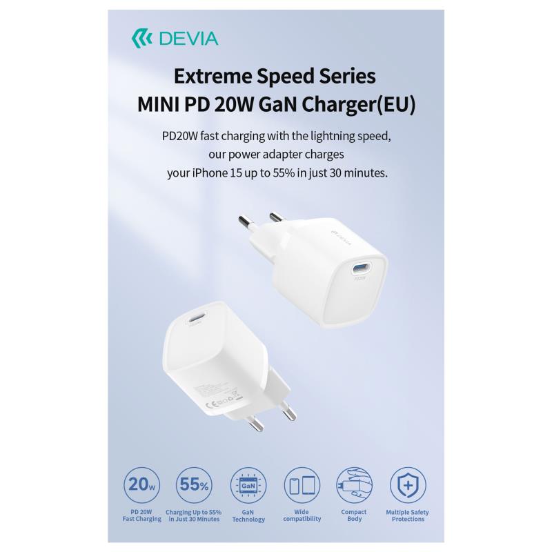 Φορτιστής Ταξιδίου Ταχείας Φόρτισης Devia RLC-543 Mini με Έξοδο USB C GaN PD 20W Extreme Λευκό