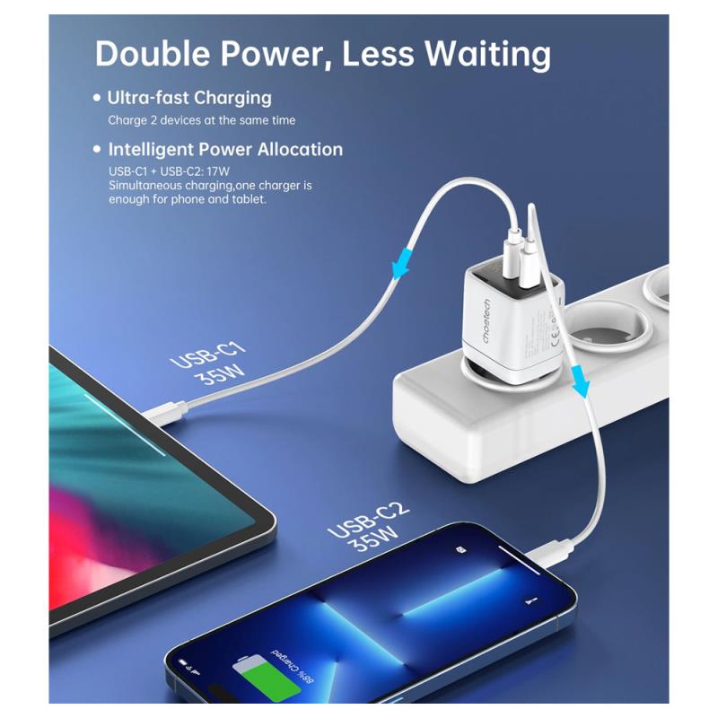 Φορτιστής Ταξιδίου Ταχείας Φόρτισης Choetech PD6051 με Διπλή Έξοδο 2xUSB C GaN PD 35W Λευκό