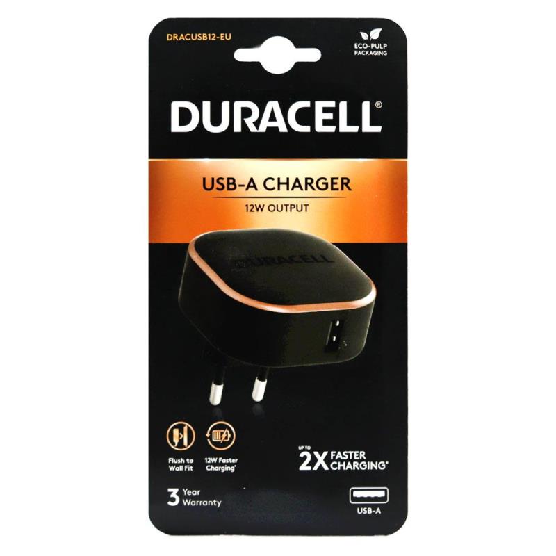 Φορτιστής Ταξιδίου Duracell με Έξοδο USB A 12W 2.4A Μαύρο