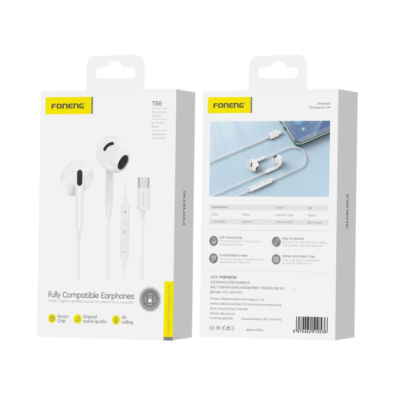 Hands Free Stereo Foneng T66 USB C Λευκό