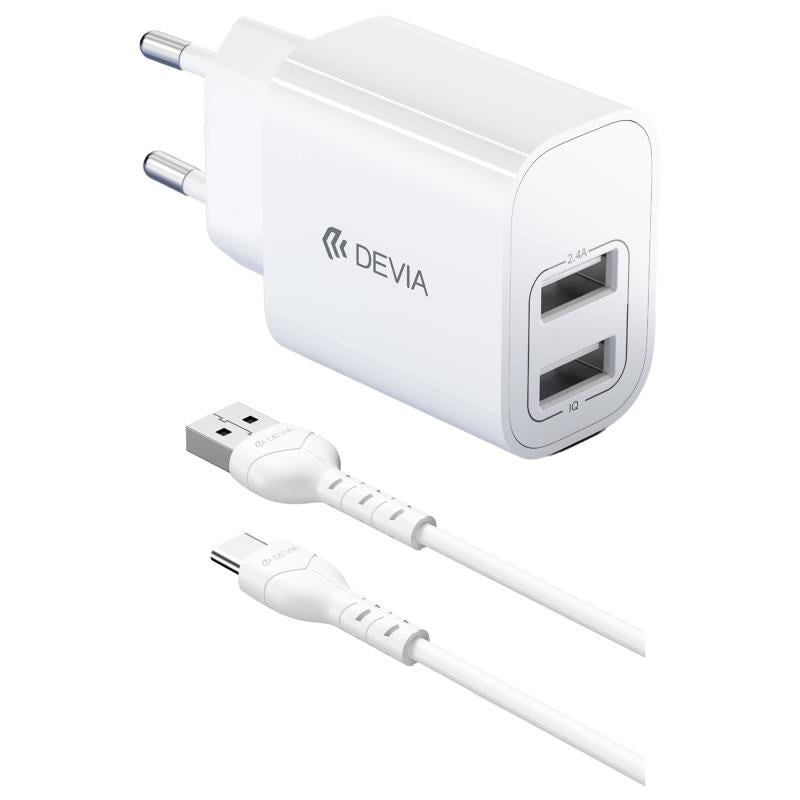 Φορτιστής Ταξιδίου Devia RLC-342 με Διπλή Έξοδο 2xUSB A 12W & Καλώδιο USB A σε USB C 1m Lite2 Λευκό