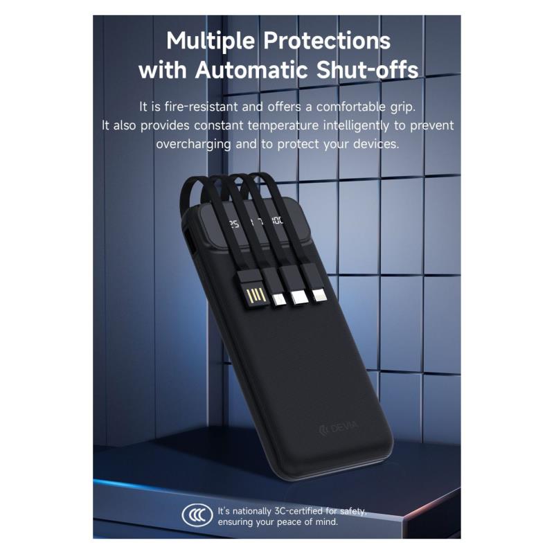 Φορτιστής Ανάγκης Devia EP189 10W 10000mAh με 4 Ενσωματωμένα Καλώδια Kintone Μαύρο