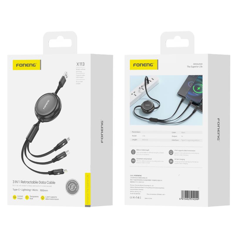 Καλώδιο Σύνδεσης USB 2.0 Foneng X113 Retractable Flat 3 σε 1 USB A σε Micro USB & USB C & Lightning 1.1m Μαύρο