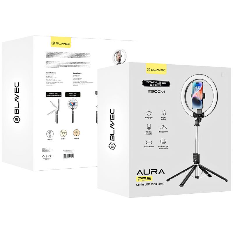 Φωτιστικό Selfie LED Ring Lamp Blavec Aura P-55 με Τρίποδο & Τηλεχειριστήριο για Κινητά Μαύρο