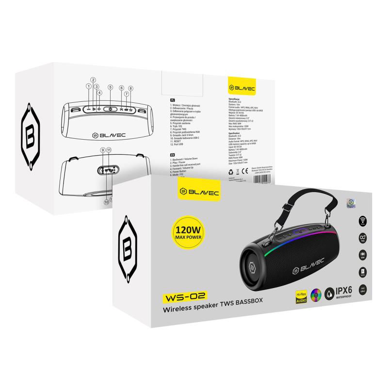 Φορητό Ηχείο Bluetooth Blavec WS-02 Bassbox TWS BT 5.3 USB AUX 4000mAh 120W Μαύρο