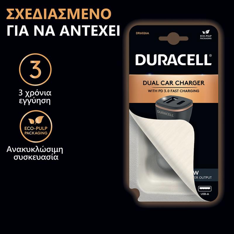 Φορτιστής Αυτοκινήτου Ταχείας Φόρτισης Duracell με Διπλή Έξοδο USB A & USB C PD 3.0 27W Μαύρο-Μπρονζέ