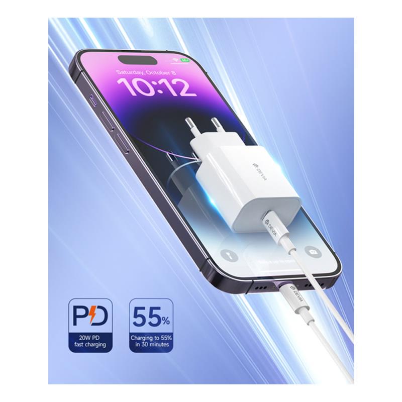 Φορτιστής Ταξιδίου Ταχείας Φόρτισης Devia RLC-318B V2 με Έξοδο USB C PD 20W Smart Λευκό
