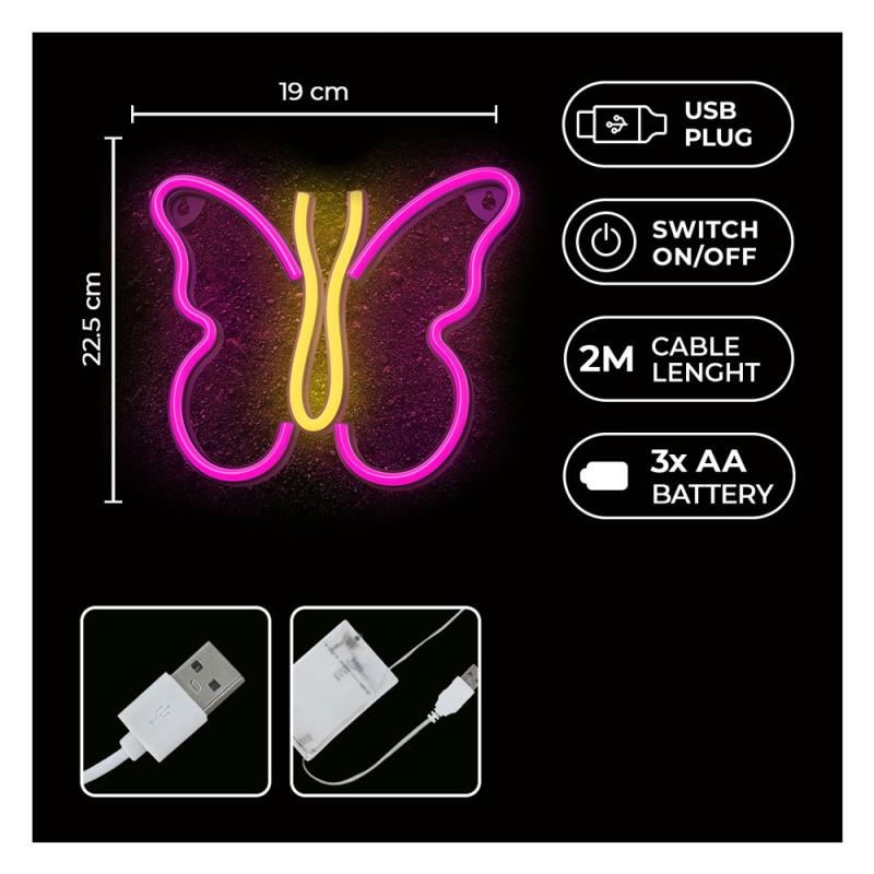 Neon LED Neolia NNE03 BUTTERFLY (USB & On/Off) Ροζ - Κίτρινο