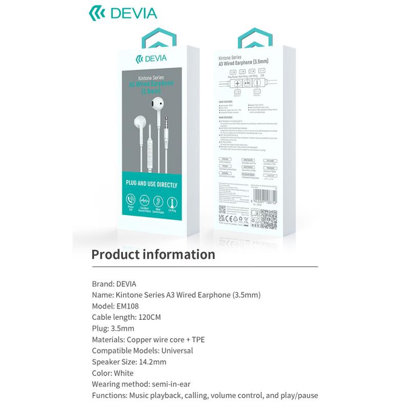 Hands Free Stereo A3 Devia EM108 3.5mm Kintone Λευκό