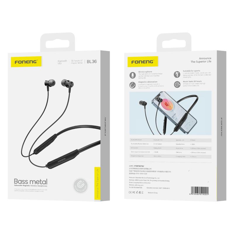Στερεοφωνικό Ακουστικό Bluetooth Foneng BL36 Deep Bass Neckband Μαύρο