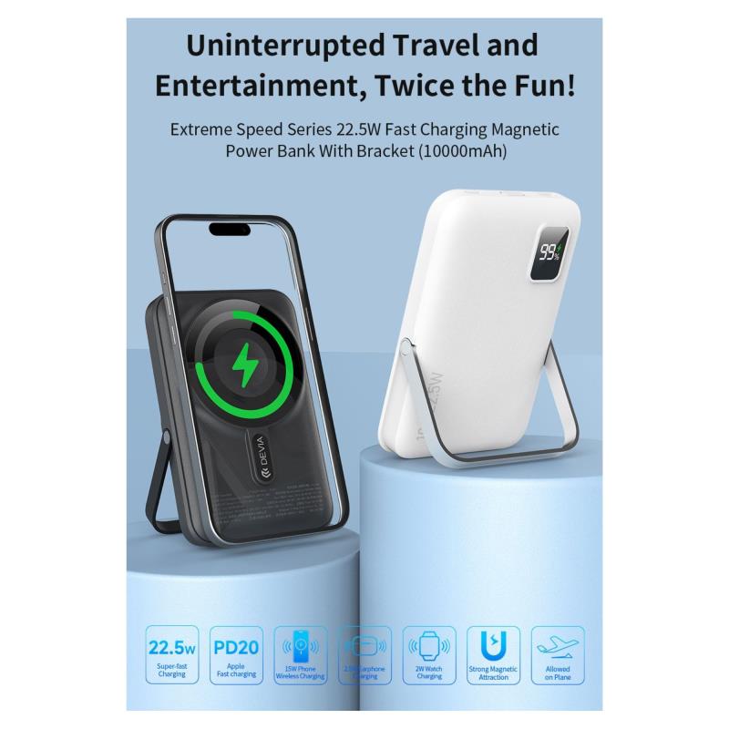 Φορτιστής Ανάγκης Devia EP201 22.5W 10000mAh PD Magnetic Wireless με Βραχίονα Στήριξης Extreme Speed Γκρι