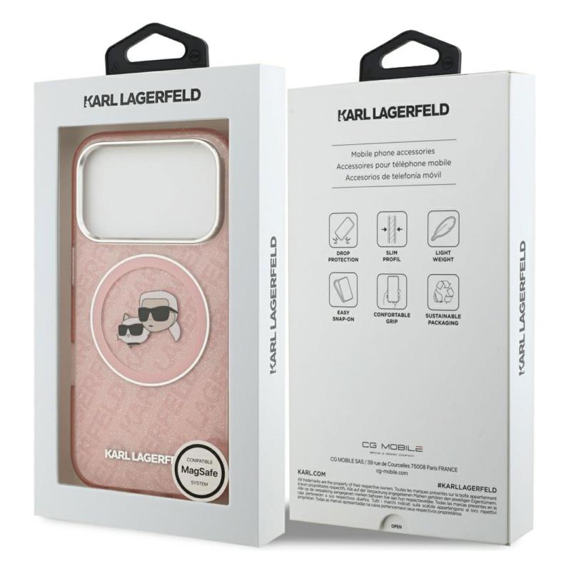 Θήκη Σιλικόνης Karl Lagerfeld Magsafe Apple iPhone 17 Pro Max Glitter Karl & Choupette Heads Ροζ