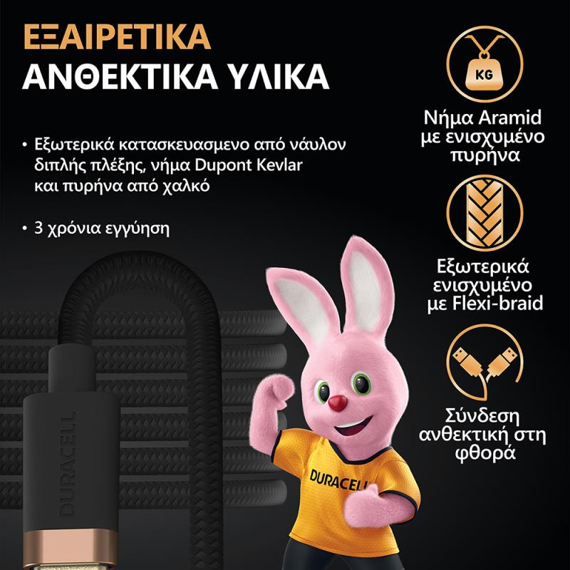 Καλώδιο Σύνδεσης USB 2.0 Duracell Braided Kevlar USB C σε MFI Lightning 60W 1m Μαύρο