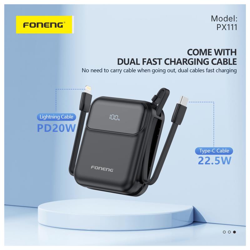 Φορτιστής Ανάγκης Foneng PX111 22.5W 10000mAh PD Mini με 2 Ενσωματωμένα Καλώδια Μαύρο